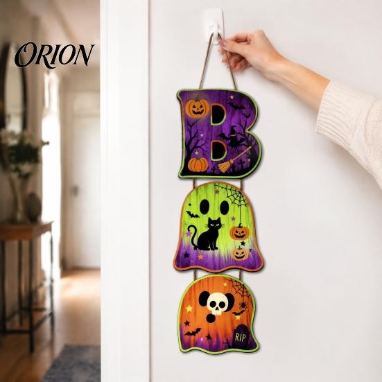 Vintage Wood Grain Wall Art Halloween Wooden BOO Hanging Sign, Creative Letter Pendants, Ghost Pumpkin Black Cat Festive Atmosphere Decoration