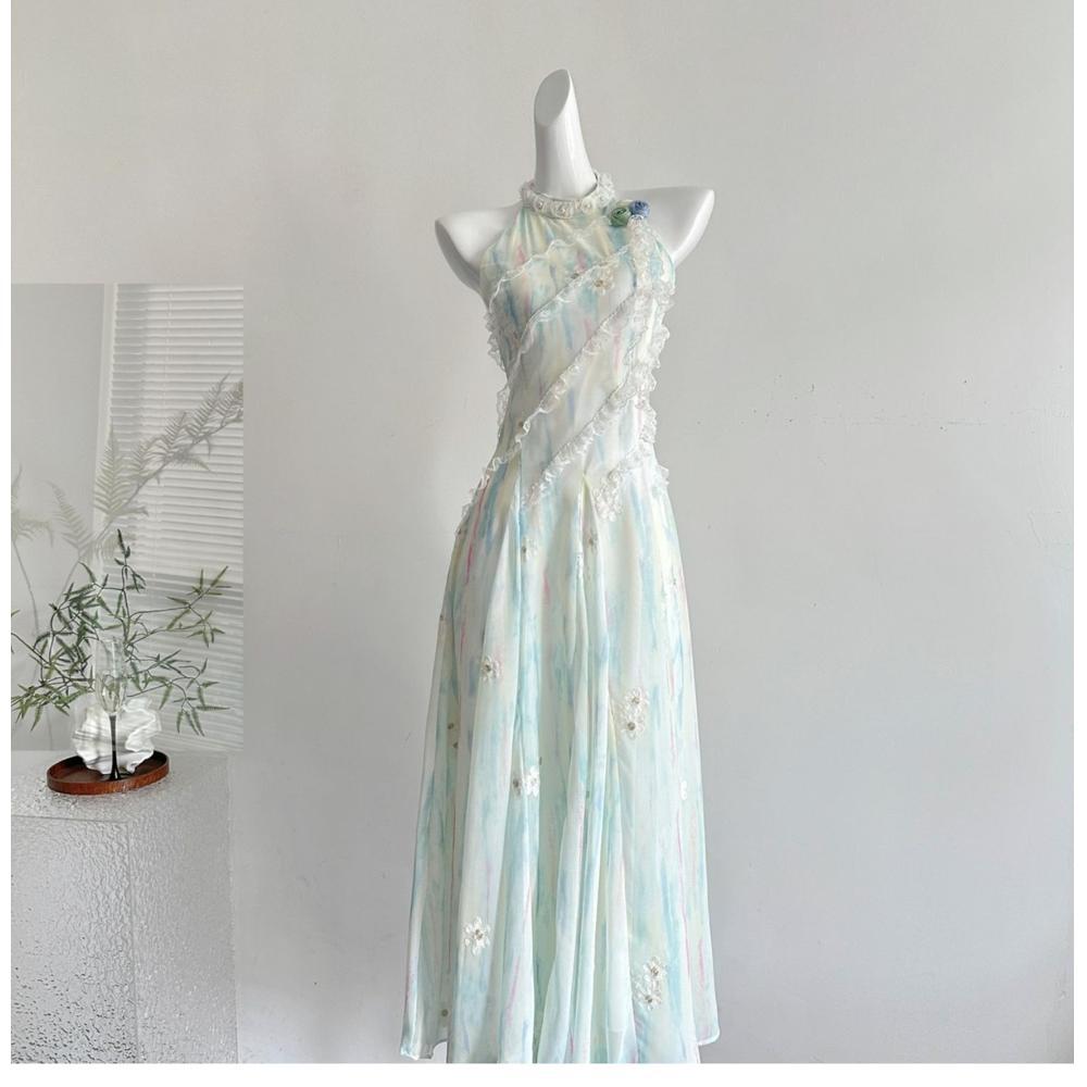 French Dress Women's Summer New Atmosphere Long Dress Sweet Green Sleeveless Irregular Lace Neck Flower