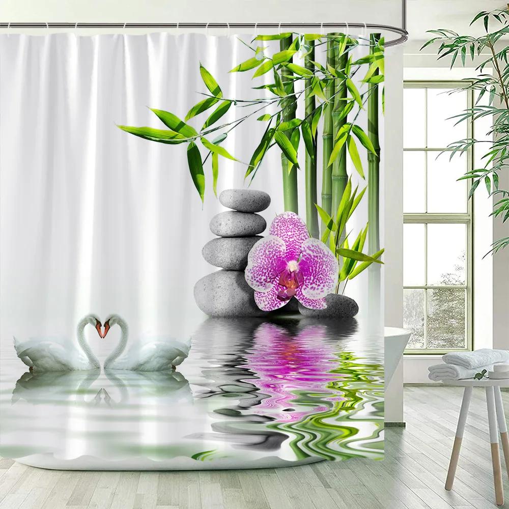 Green Bamboo Zen Shower Curtains Set, Spa Stones and Orchids Flowers Polyester Fabric Bath Curtain with Hooks Bathroom Decor