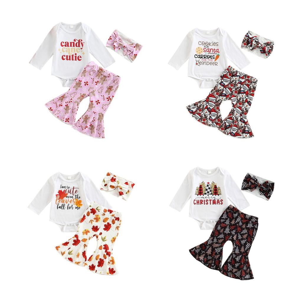 3 stk/sett jentetoppbukser pannebåndsdress for 0-18 måneder fargerikt trykk utsvingte bukser langermet bodysuit med knapper i skrittet småbarnsantrekk