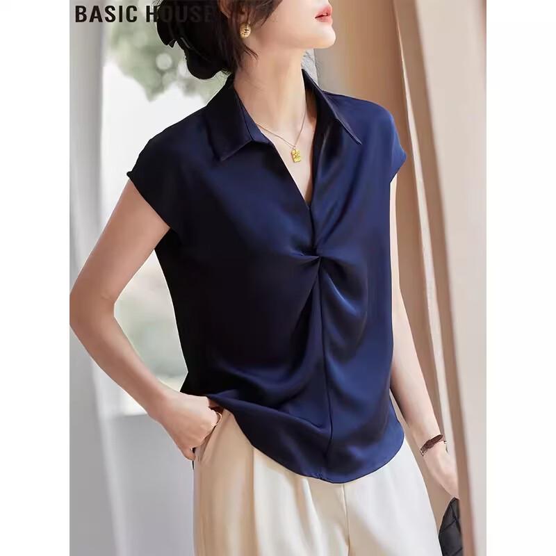 Basic House Women s Ice Silk V-neck Knot Short-Sleeve Shirt M
