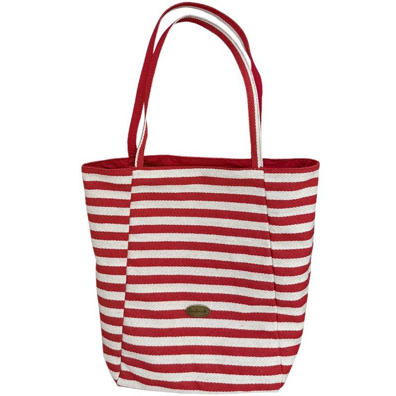 Double-sided striped canvas bag Lazy wind large capacity shoulder tote bag Student casual shopping bag Female