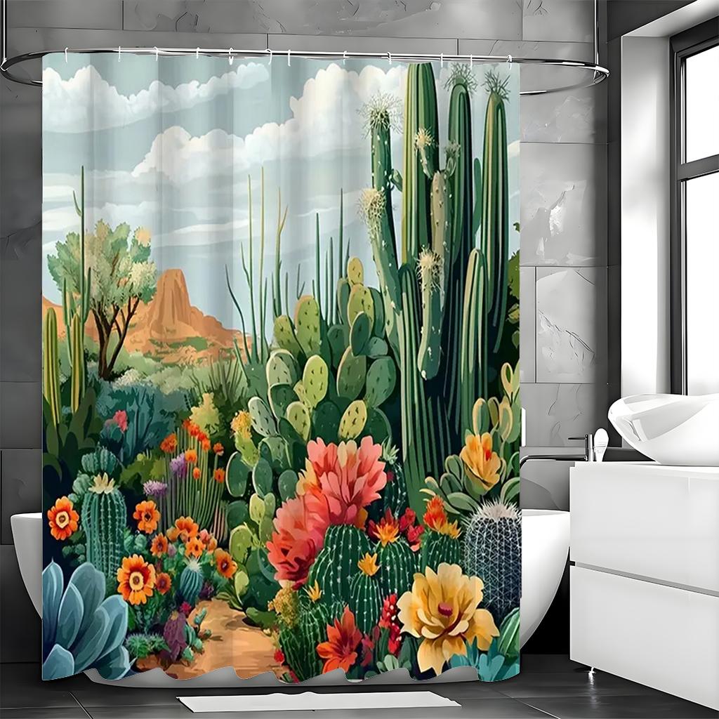 Tropical Cactus Design Shower Curtain, Succulent, Green Cactus Flower, Desert Landscape, Modern, Bohemian, Polyester, with Hooks