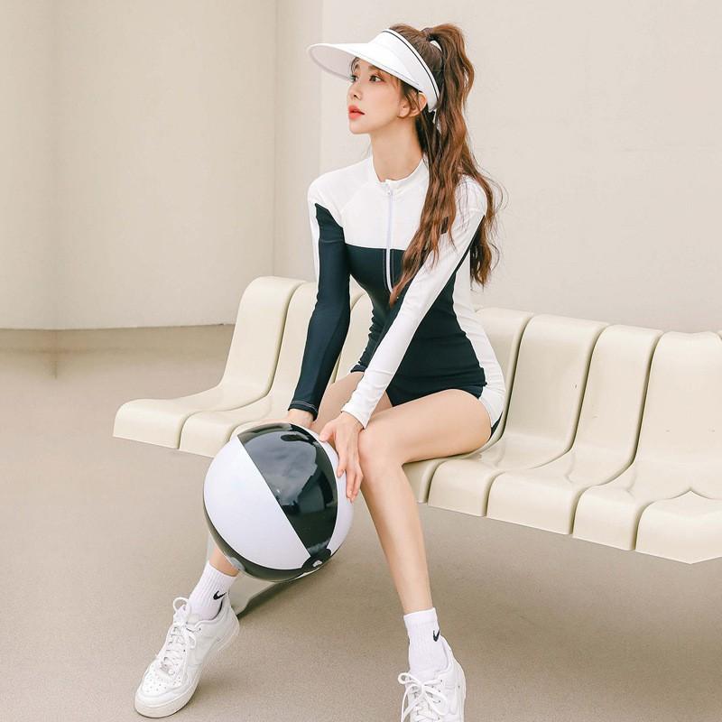 Womens High-Elastic Nylon Long-Sleeve One-Piece Swimsuit Surfing Swimming Hot Modest Fit Slimming Design