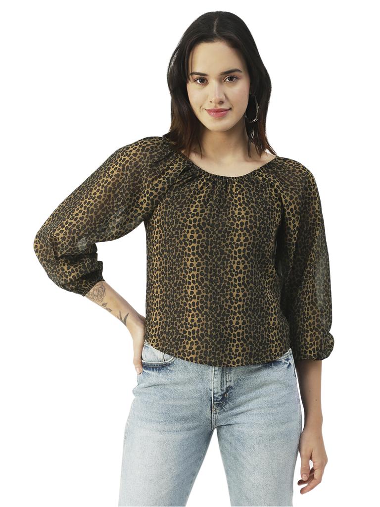 Moomaya Printed Top Round Neck Sheer Long Sleeve Tops For Women