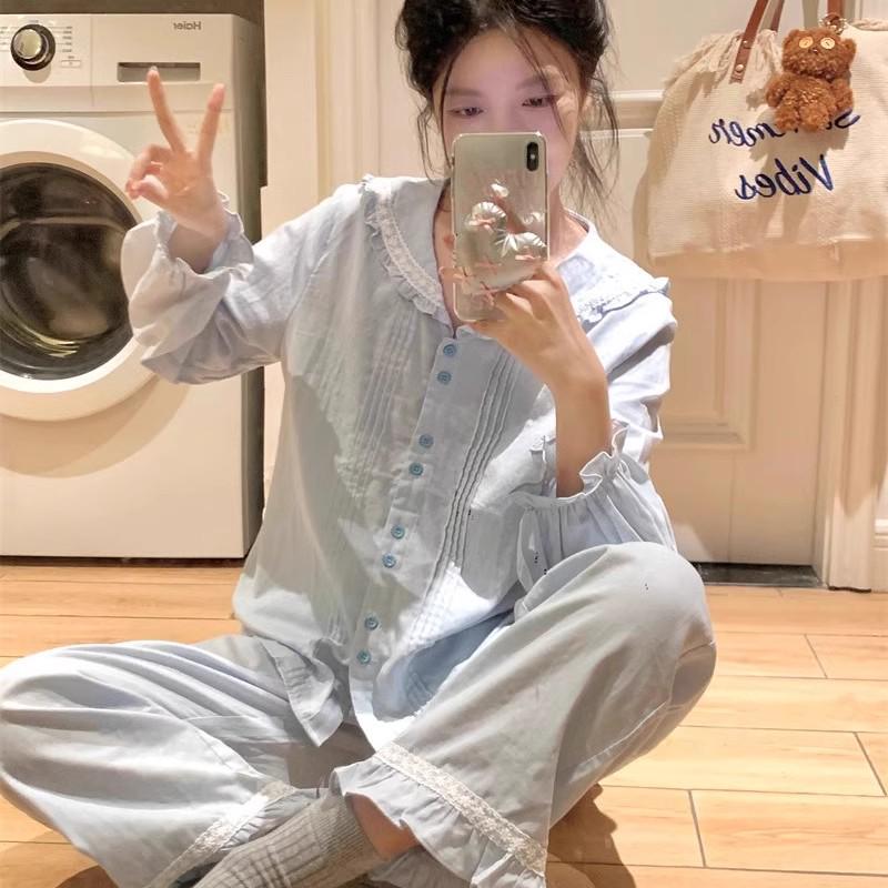 

Spring & Autumn Navy-Style Collar Soft Cotton Pajama Set with Lace XXXL