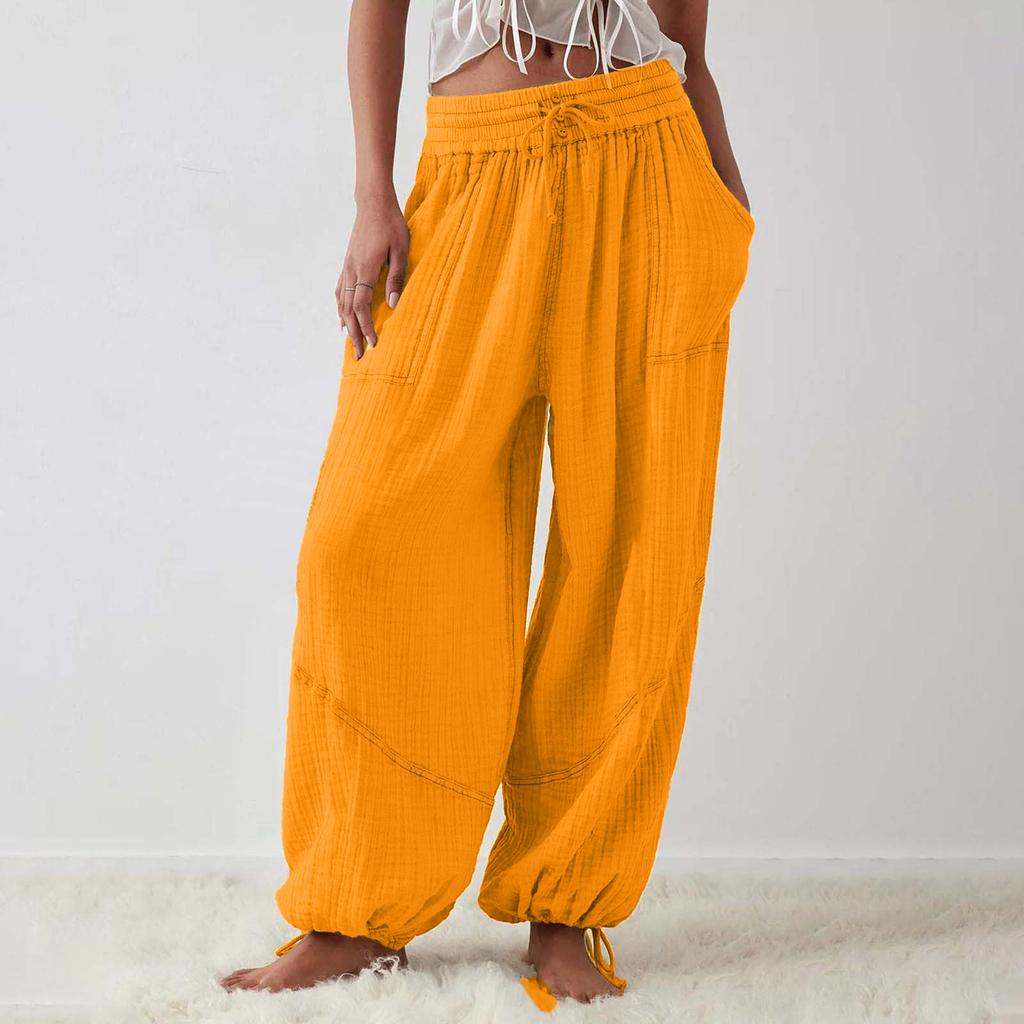 Women's Casual Loose Fit Drawstring Pants with Pockets, Boho Lightweight Wide Leg Trousers for Summer