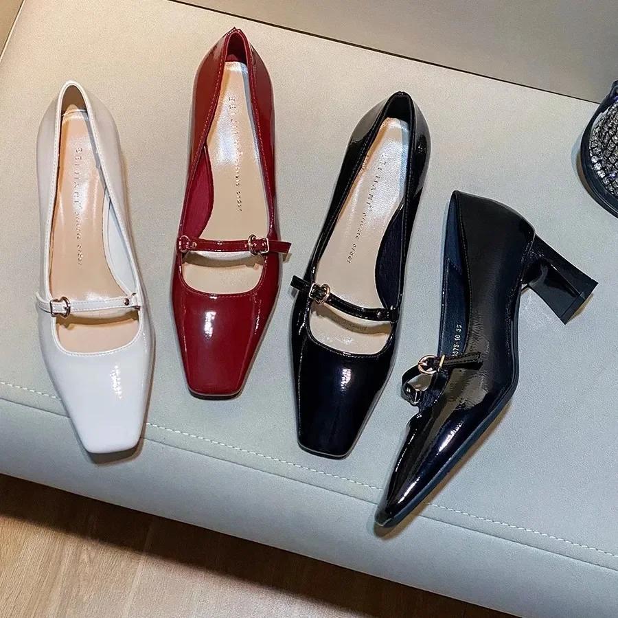 Coarse order shoes French one character new style Spring and Autumn buckle square toe high heels by 2025