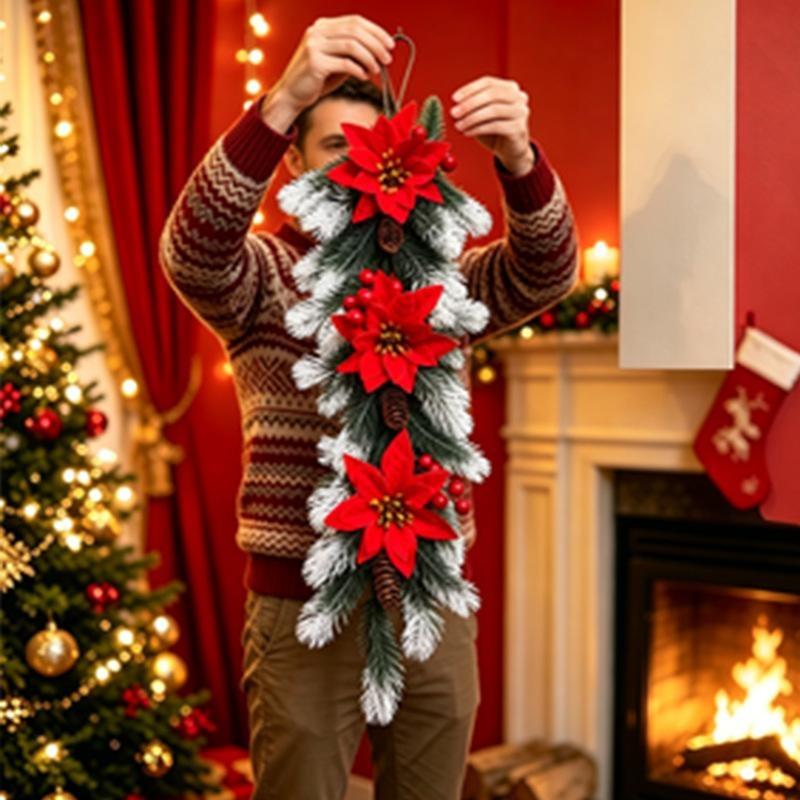 Christmas Teardrop Swag Wreath Artificial Poinsettia Pine Cone Red Berry Hanging Garland For Front Door Wall Home Xmas Decor