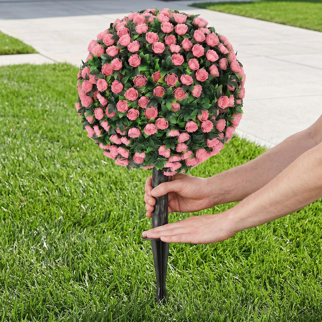 Artificial Rose Topiary UV Resistant 2 Pack Fake Plants 55 Cm Pink