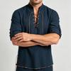 Men's Navy Lace-Up Henley Shirt with Stand Collar & Roll-up Sleeves - Lightweight Boho Summer Vacation Top.