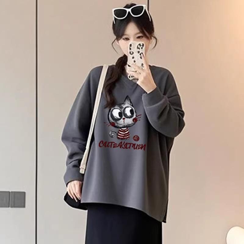 Maternity Korean Style Loose Cat Print Hoodie for Spring/Autumn 2026 XL