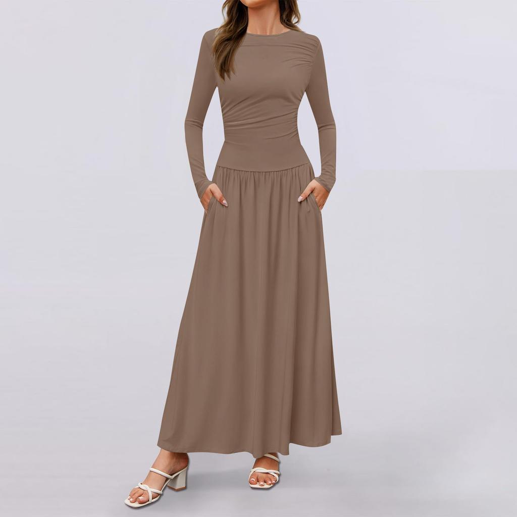 Lässiges, modisches Kleid mit Rundhalsausschnitt und langen Ärmeln für Damen