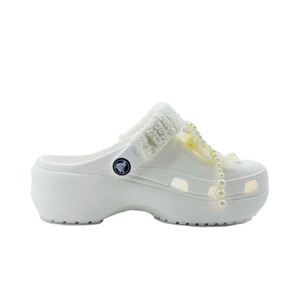 Crocs Classic Platform Clog EVA Pearl Bow Campus Style Hole Shoes Unisex White
