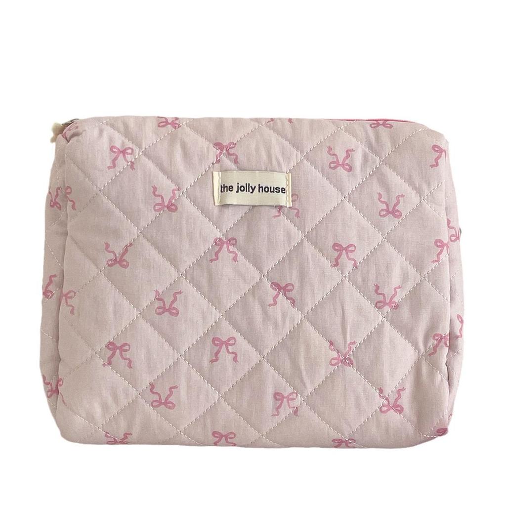 Korean Style Pink Ribbon Quilted Makeup Bag - Large Capacity Sweet Girl Wash Bag