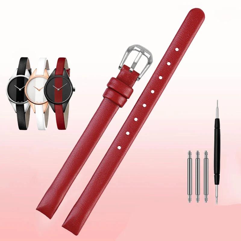 For CK Genuine Leather Women's Strap Rebel Rebel Series K8P 231 K8P 236/237 Red Black White leather watch strap 8mm