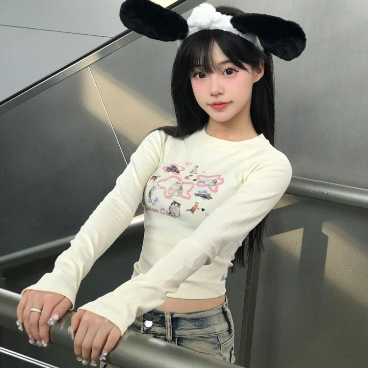 

Сексуальная женская футболка с длинным рукавом Kawaii, универсальные укороченные топы, футболки в стиле гранж с принтом кота, Y2k, эстетические футболки в стиле Харадзюку, повседневная футболка