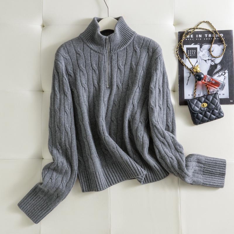 

2025 Puyuan Autumn/Winter Wool Cable Knit Stand Collar Zip-Up Sweater for Women - Soft Texture Large