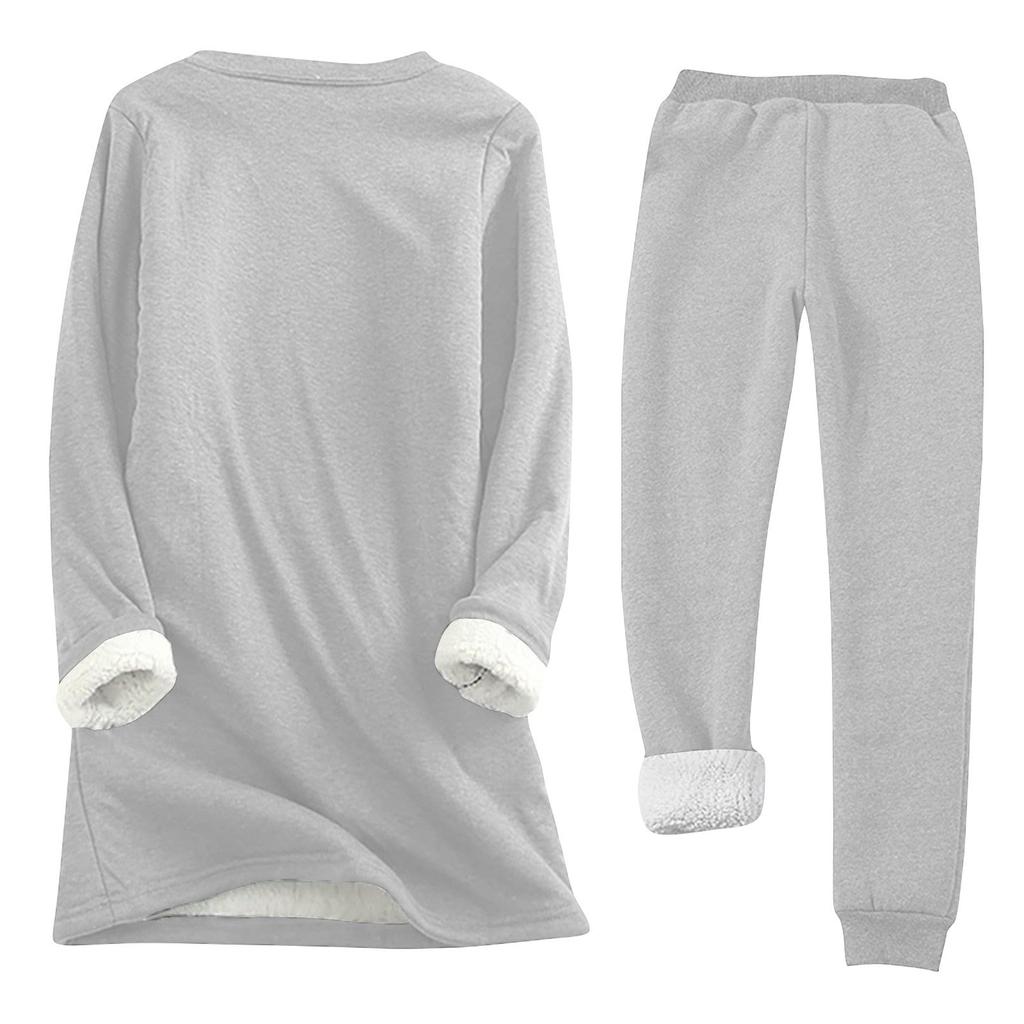 Women's Print Round Neck Warm Suit Long Sleeve Fleece Drawstring Sweatpants Two-Piece Set