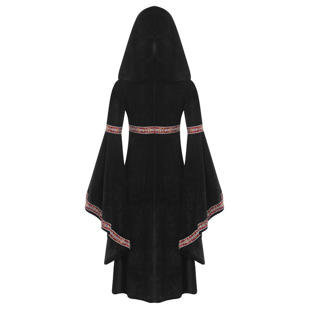 Kids Girls Halloween Princess Robe: Complete Medieval Cosplay Outfit with Hood, Trumpet Sleeves & Detailed Embroidery