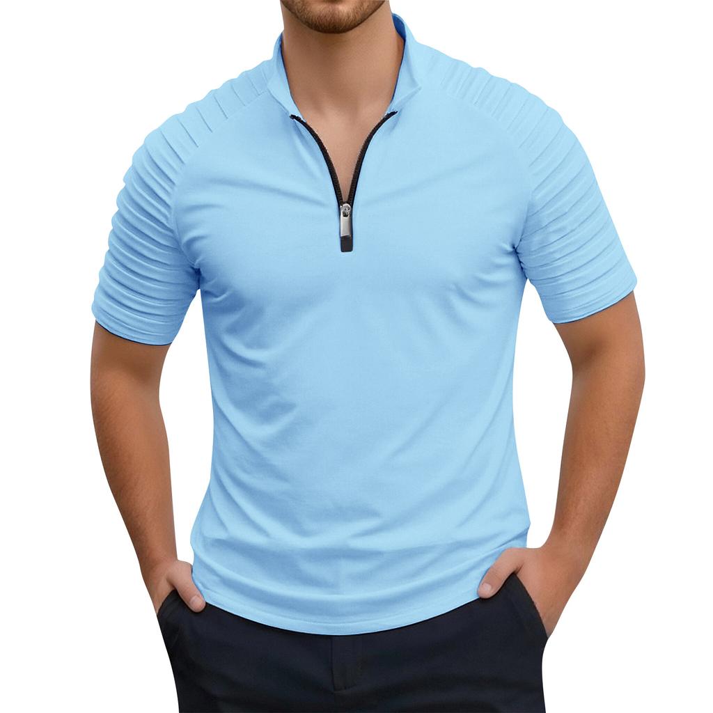 Men's Stand Up Collar 1/4 Zipper Striped Top  Men's Casual And Comfortable Short Sleeved Top