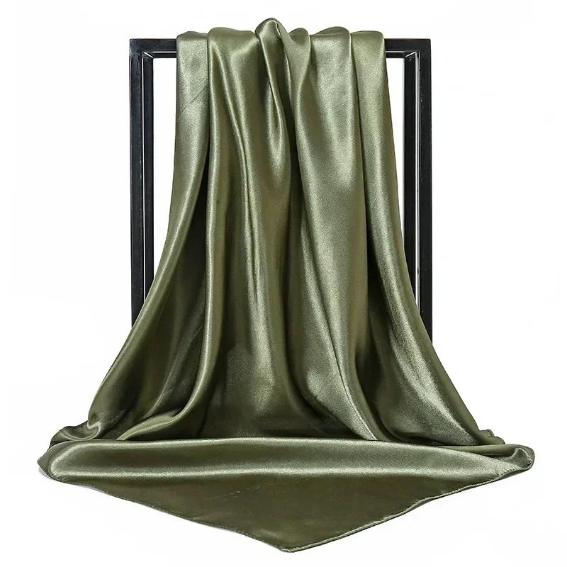 90X90 Satin Silk Scarf Hijab Solid Women Shiny Square Wrap Shawl Head Neck Cover Plain Hair Tie Band Beach Hijab Female Foulard