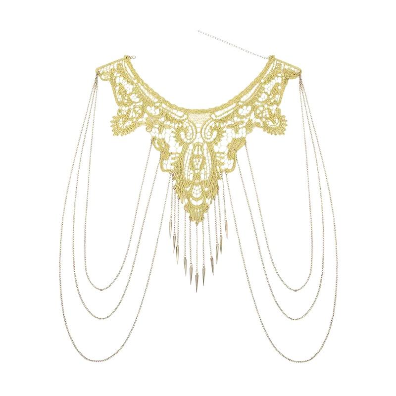 Gold Lace Trim Multi-Layer Fashionable Tassel Necklace For Women Body Chain Jewelry Accessory Elegant Trendy Jewelry