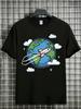 Unisex Navy Blue Tee Pixel Art Earth Rocket Space Graphic Print Crew Neck Short Sleeve Summer Casual Male Cotton Street Daily Top