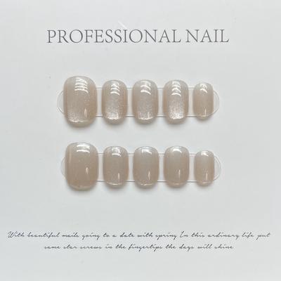 100% HANDMADE Square Round Fake Nail Set With Glue Art Champagne Nude Cat'S Eye Pure Color Short Colorful Laser Rainbow Cat'S Eye Nails Reusable