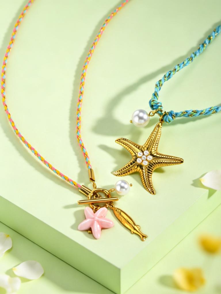 Exaggerated Starfish Pendant for Women,Ocean Style Stainless Steel Faux Pearl Necklace Blue Woven Cord Necklaces,Fashion Jewelry