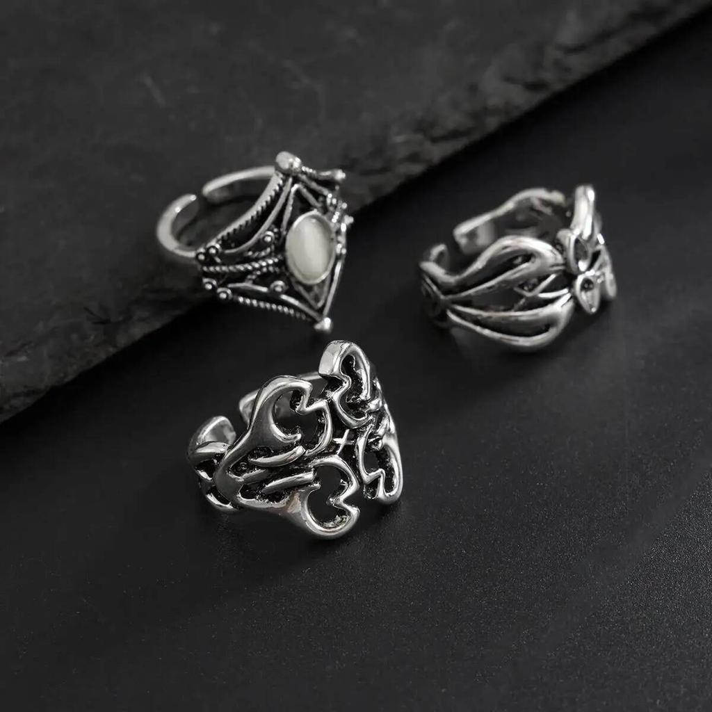 IngeSight.Z 3Pcs/Set Vintage Irregular Hollowout Pattern Open Ring Men Punk Geometric Adjustable Finger Ring Jewelry Accessories