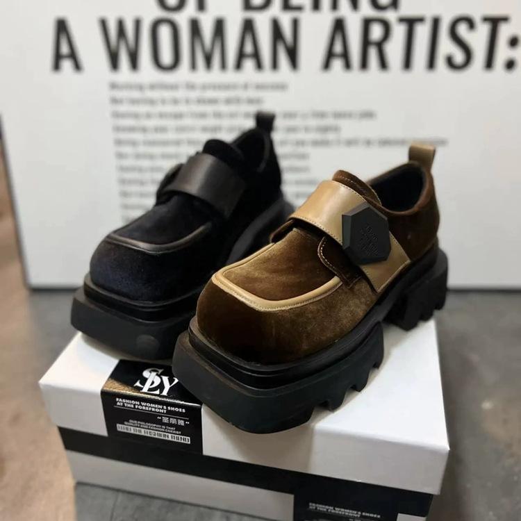 European 2025 loafers women's spring new Velcro square head handsome fashion platform velvet small leather shoes tide