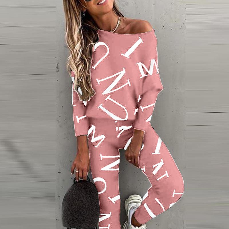 

2 шт., спортивные костюмы с длинным рукавом и буквенным принтом, женские толстовки + брюки, спортивные костюмы с круглым вырезом, повседневный топ L