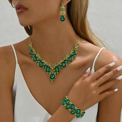 Nieuwe Europese en Amerikaanse Stijl Overdreven Sieraden Groen Pak Atmosferische Ketting Oorbellen Armband Drie Delig Banketjurk met 2026