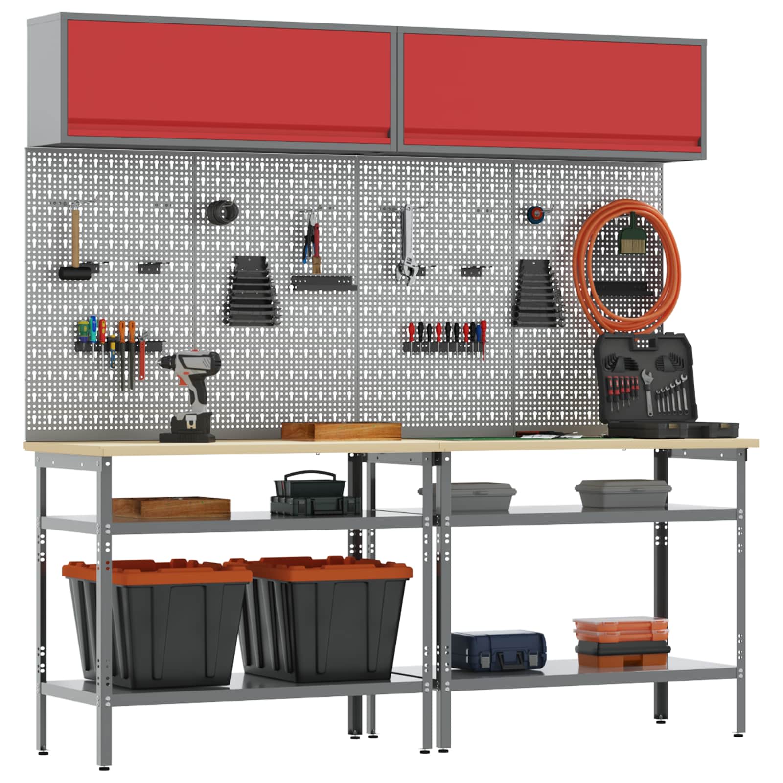 Werkbank-Set 8 Teile Rot und Grau Pulverbeschichteter Stahl