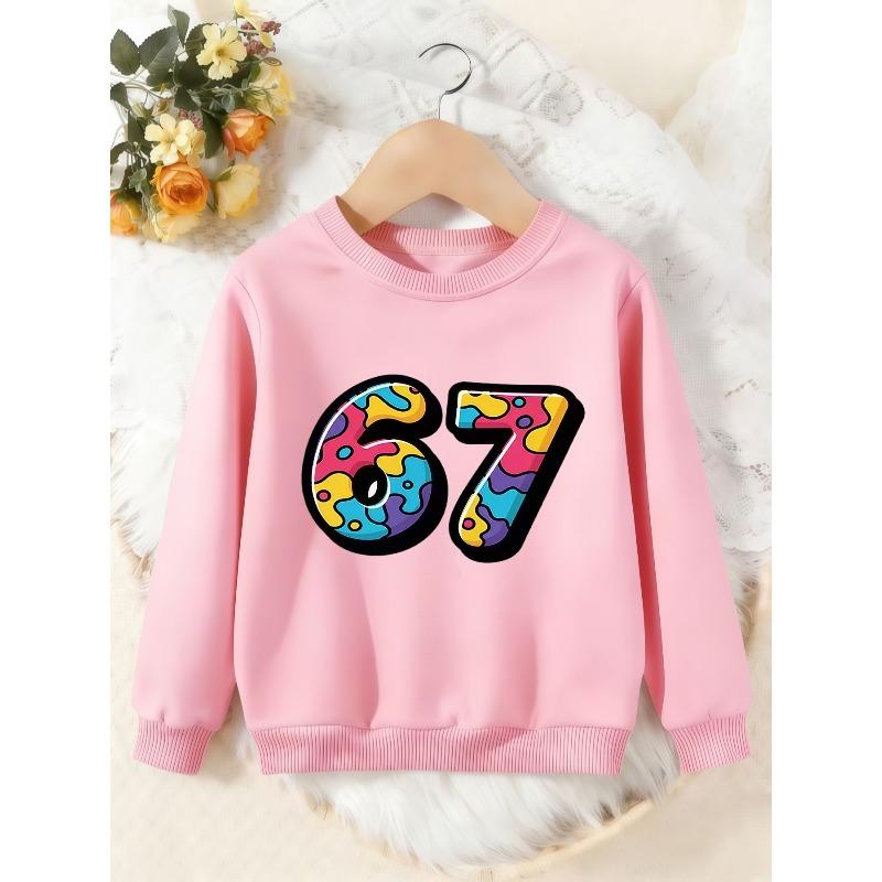 Unisex Kids Crewneck Sweatshirt, Colorful Graffiti Tie Dye 67 Number Print Pullover, Boys Girls Trendy Casual Sweatshirt For Kids Over 4 Years Old