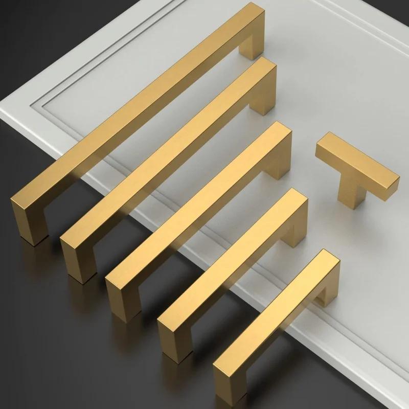 2 pcs Brushed Gold Cabinet Handles Stainless Steel Square Bar Pulls for Kitchen Bathroom Cupboard