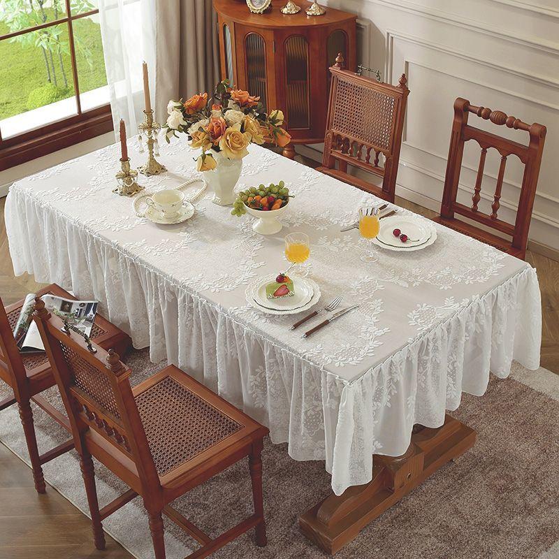 White Romantic Small Fresh Table Cloth Lace Jacquard Skirt Hem Rectangular Tablecloth Restaurant Decoration with Warm Placemats