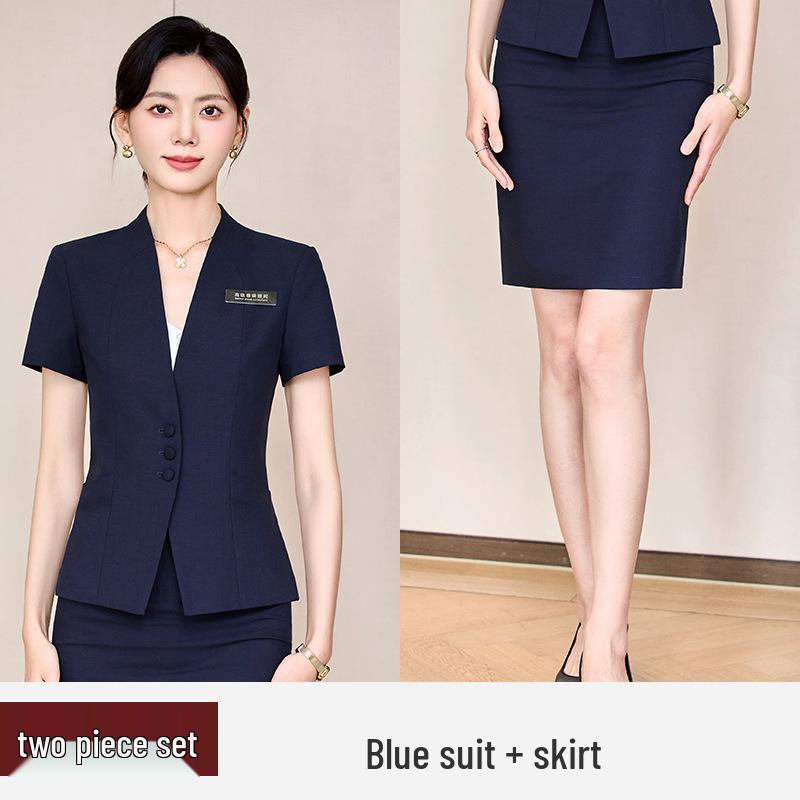 Women's Blue Short-Sleeve Professional Suit Set for Hotel Manager or Receptionist - Spring/Summer Formal Workwear
