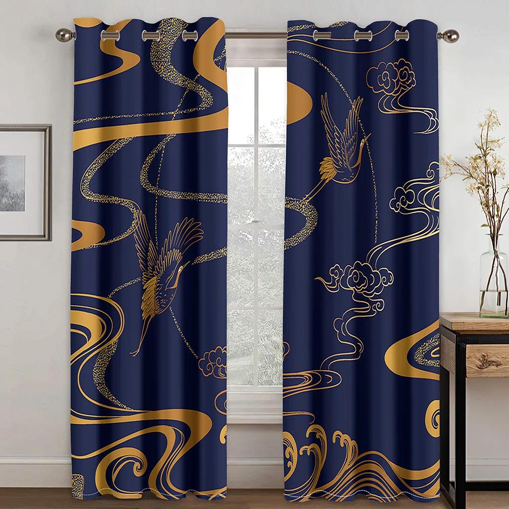 

Красный Синий Японский Стиль Журавль Волна Гора Солнце Печать Высокая Занавеска Спальня Гостиная Отель Окно Шторы 2 Панели Новый W55 X H120cm X 2&Grommet Top