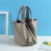 Leichter Luxus Echte Rindsleder Korb-Stil Eimer Tasche Neu für Damen Silberfarbener Schlossverschluss Oberer Griff Handtasche, KEIN LOGO