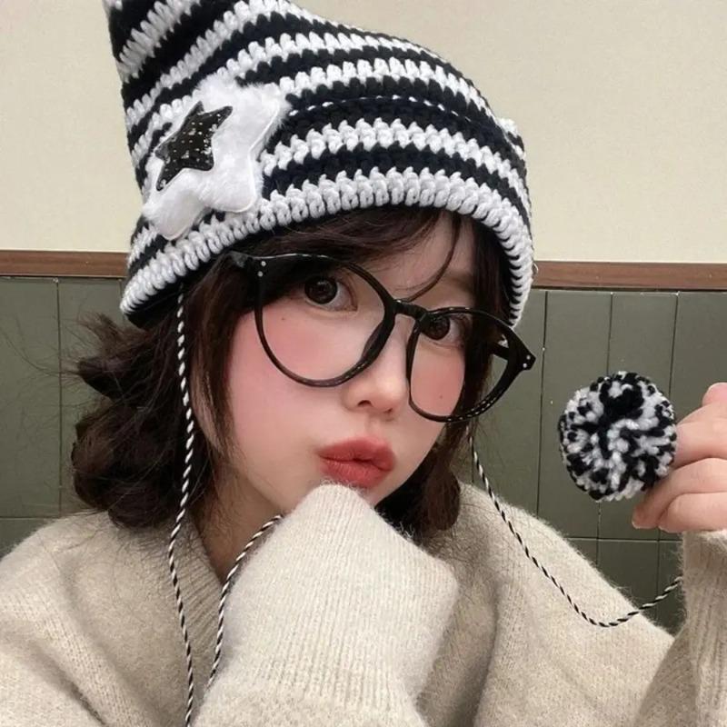Y2K Beanie Hat Ins Devil Ear Striped Knitted Cap Autumn Winter Hip-hop Cute Cat Ears Pointed Pullover Women's Hats