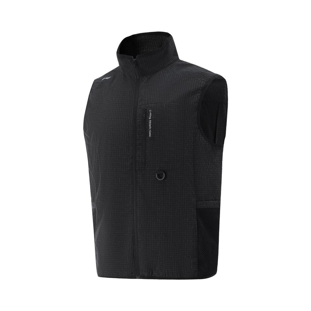 Li Ning Comfortable Plaid Stand Collar Zipper Simple Versatile Loose Breathable Vest Men Vests Black AMDV083-1