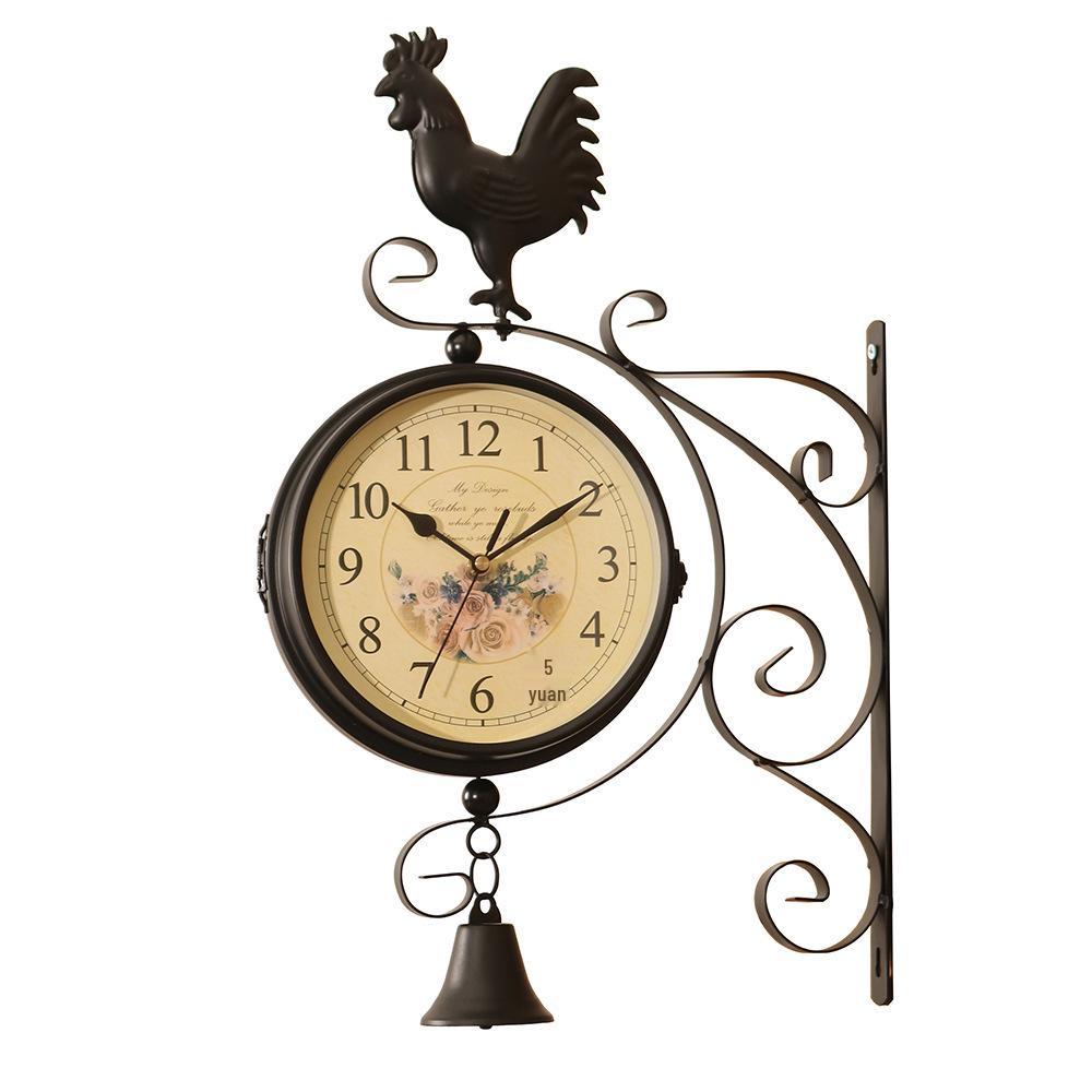 Double-Sided Wrought Iron Rooster Wall Clock - Silent European Decor for Living Room