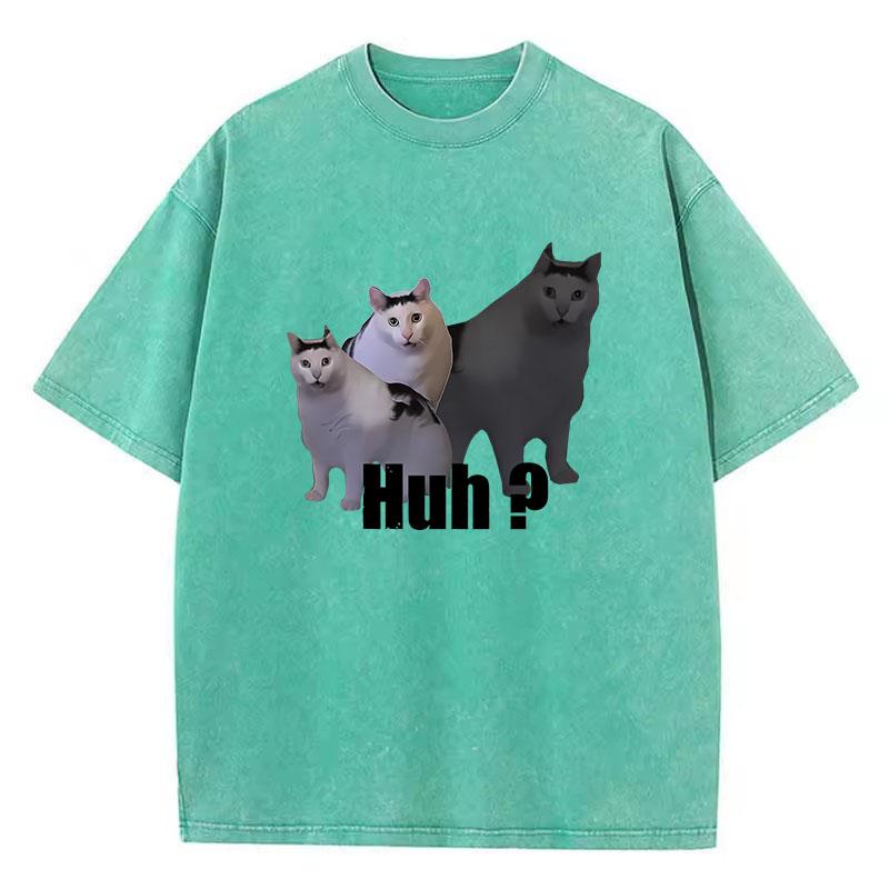 T Shirt Vintage Washed Cotton T-Shirt Black Cat Saying Huh? Graphic Tee Casual Streetwear Spring Summer Fall