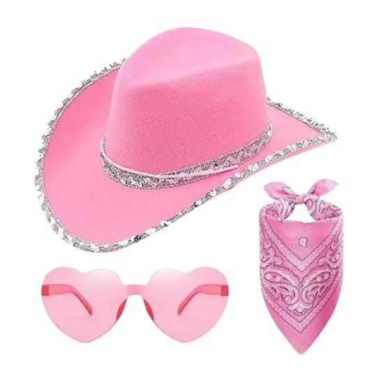 Hat Scarf Glasses Set Pink Series Felt Cowboy Hat with Feather Trim Pink Bandana Heart-Shaped Sunglasses Versatile Western Style Accessories