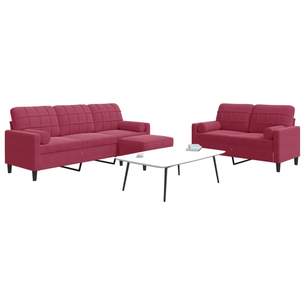 3 Piece Sofa Set with Cushions and Neck Rolls Burgundy Velvet