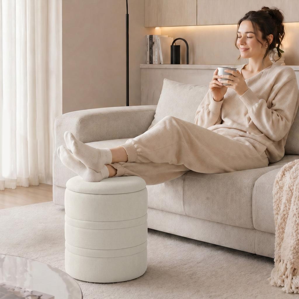 Chenille Storage Ottoman with Lid, Round Stool, Beige