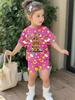 Girls Summer 2 Piece Set Cute Capybara Animal Print Short Sleeve Top And Shorts Casual Outfit For Kids Daily Wear