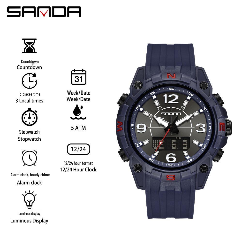 Sanda Men's Multifunctional Waterproof Sports Watch with Dual Display and Snooze Alarm